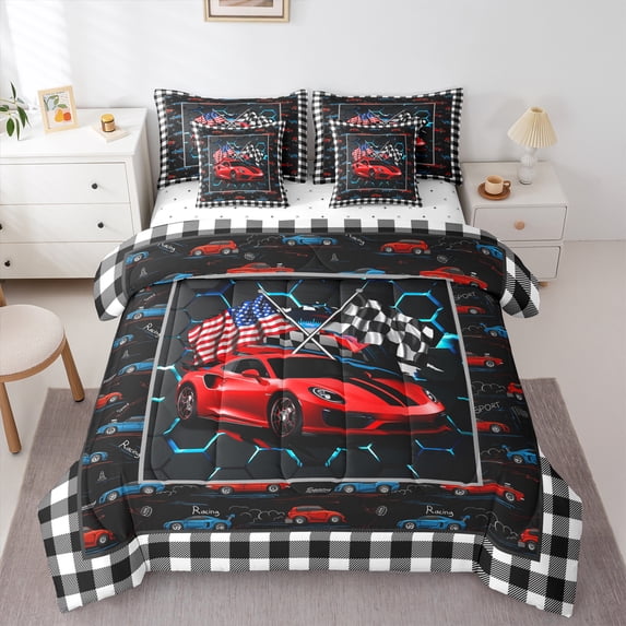 Homewish Red Sport Car Bedding Comforter Set 7 Pieces for Kids Children Teens,USA Flag Full Bedding Set Lightweight,Geometric Plaid Honeycomb Fitted Sheet Flat Sheet,Lightweight Room Decor