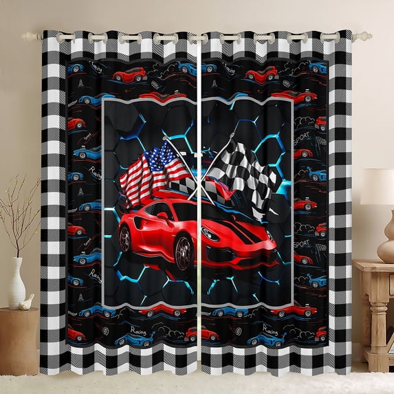 Homewish Red Sport Car Blackout Curtains Set of 2 (52x84 Each) for Kids Children Teens,USA Flag Window Curtains,Geometric Plaid Honeycomb Curtains and Drapes,Lightweight Room Decor
