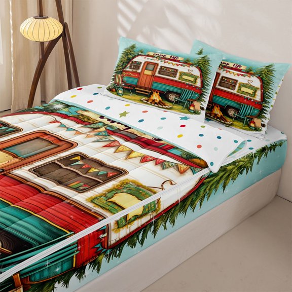 Homewish Red Teal Camp Life RV Car Zipper Full Size Comforter Sets with Fitted Sheet and 2 Pillowcases, Campfire Pine Tree Zipper Bedding Set for Men and Women, Polka Dots Reversible, 4 Pieces
