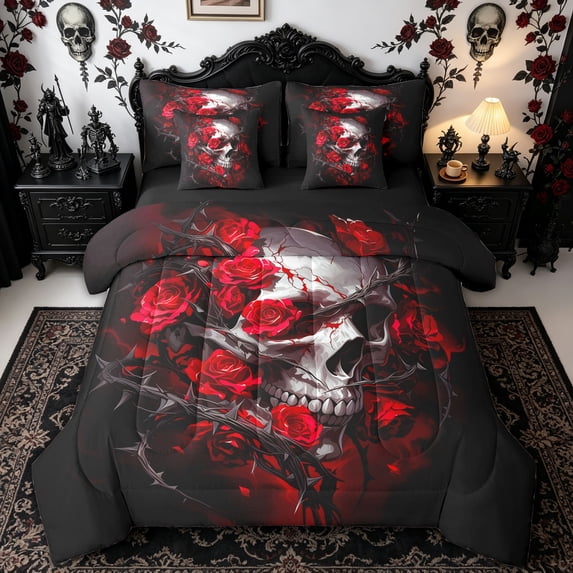 Homewish Red Thorn Rose Skull Full Size Bedding Sets for Men, Halloween Floral Skeleton Love Full Size Bed in a Bag, Black Reversible, 7 Pieces
