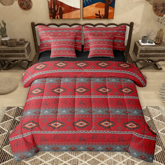 Homewish Red Triangle Aztec Bedding Comforter Set, Western Hippie Bohemian King Bedding Sets, Tribal Cowgirl Cowboy Reversible Bed Sheets, Super Cozy Room Decor