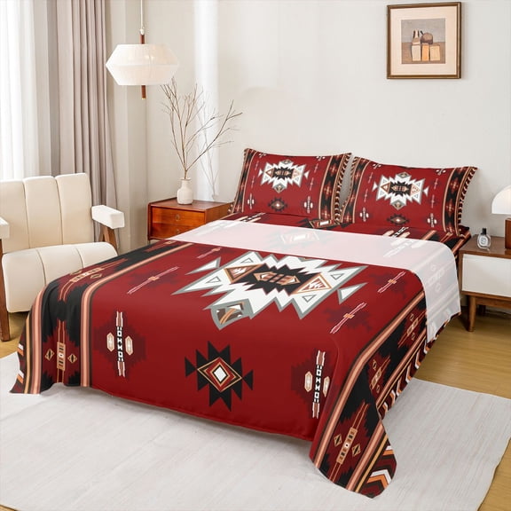 Homewish Red Tribal Aztec Bed Sheets for Adult, Bohemian Triangle Abstract King Sheets, Southwestern Sheet Set, Breathable Home Decor, 4pcs