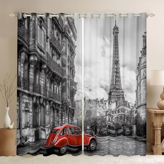 Homewish Red Truck Blackout Curtains Set of 2 (52x84 Each) for Teens Adults,Eiffel Tower Window Curtains,Retro Vintage Curtains and Drapes,Lightweight Room Decor