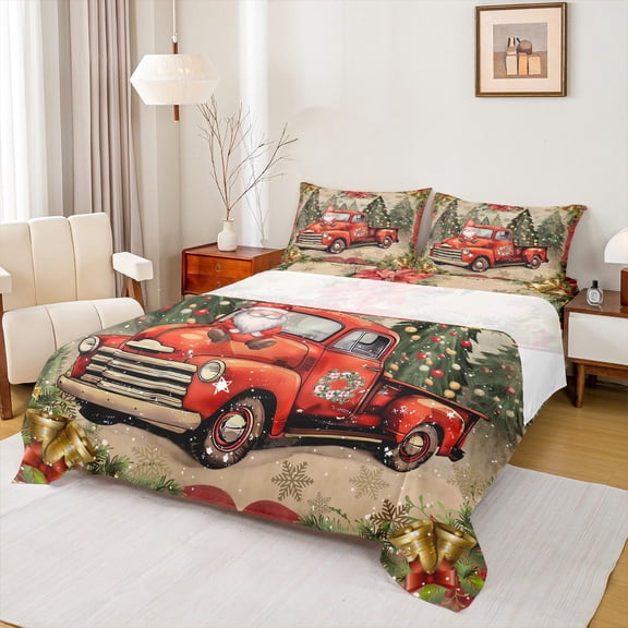 Homewish Red Truck Twin Sheet Sets 3pcs for Preppy Child Kids,Kawaii Gnome Twin Fitted Sheet Microfiber,Merry Christmas Breathable Flat Sheet,Microfiber Bedroom Decor