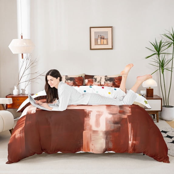 Homewish Red Watercolor Block Bedding,Classic Abstract Geometric Duvet Cover Full,Polkadot Reversible,3pcs,1 Duvet Cover and 2 Pillowcases