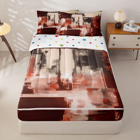 Homewish Red Watercolor Block Zipper Twin Comforter Sets with Fitted Sheet and 2 Pillowcases,Classic Abstract Geometric Zipper Bedding Set,Polkadot Reversible,4pcs