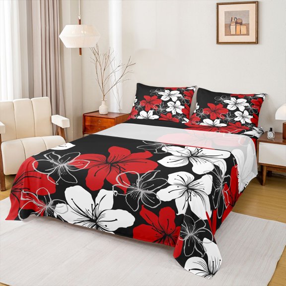 Homewish Red White Flower Full Size Sheets,Retro Rustic Botanical Bed Sheets,Country Floral Sheet Sets For Adults,Microfiber Bedroom Decor,4pcs