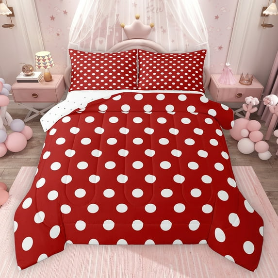 Homewish Red White Geometric Circle Boy Girl Bedding Comforter Set 2pcs,Polka Dots Twin Comforter Sets Microfiber,Vintage Aesthetic Breathable Bedding Set,Luxury Bedroom Decor,Reversible