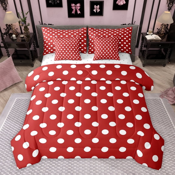 Homewish Red White Geometric Circle Boy Girl Bedding Comforter Set 7pcs,Polka Dots Queen Bedding Sets Super Cozy,Vintage Aesthetic Queen Sheet Sets,Luxury Bedroom Decor,Reversible