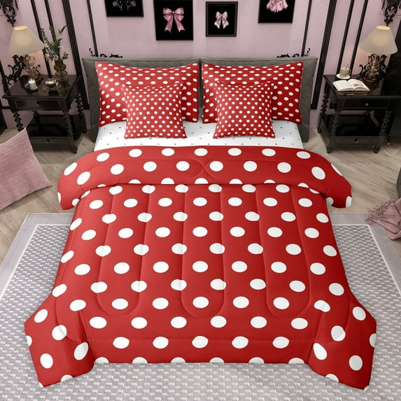 Homewish Red White Geometric Circle Boy Girl Twin Bedding Sets 7-Piece,Polka Dots Bedding Comforter Set Microfiber,Vintage Aesthetic Breathable Sheet Sets,Luxury Bedroom Decor,Reversible