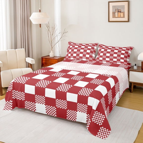 Homewish Red White Grid 3pcs Twin Sheet Sets For Kids Children Teens,Geometric Buffalo Twin Fitted Sheet,Minimalist Abstract Breathable Flat Sheet,Microfiber Bedroom Decor