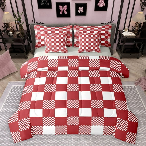 Homewish Red White Grid 7pcs Bedding Comforter Set For Kids Children Teens,Geometric Buffalo Queen Bedding Sets Super Cozy,Minimalist Abstract Queen Sheet Sets,Microfiber Bedroom Decor,Reversible