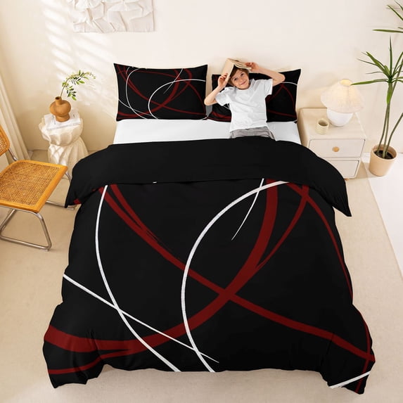 Homewish Red White Lines Duvet Cover Queen,Abstract Modern Queen Bedding,Black Red,Black Reversible,3 Pieces,1 Duvet Cover and 2 Pillowcases