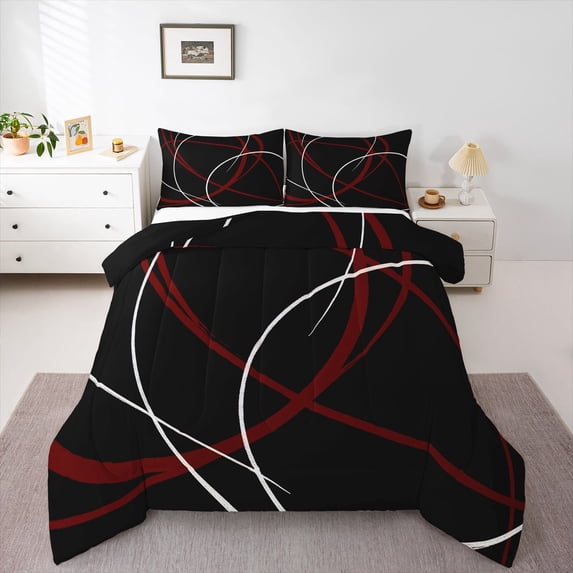 Homewish Red White Lines Queen Comforter Set,Abstract Modern Comforter Sets Queen,Black Red,Black Reversible,3 Pieces,1 Comforter and 2 Pillowcases