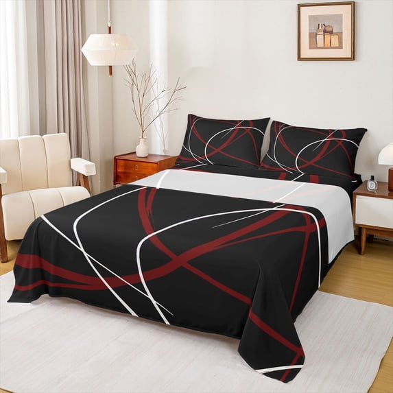 Homewish Red White Lines Queen Sheets,Abstract Modern Queen Sheet Sets,Black Red,4 Pieces,1 Flat Sheet, 1 Fitted Sheet and 2 Pillowcases