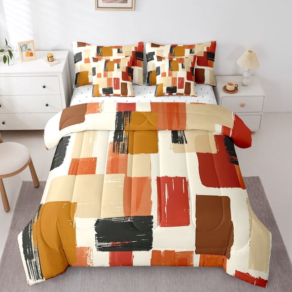 Homewish Retro Abstract Block 7 Pieces Full Size Bedding Sets,Aesthetic Artwork Full Size Bed in a Bag,Brown,Reversible