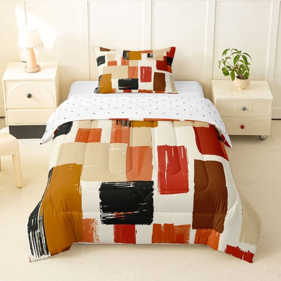 Homewish Retro Abstract Block Twin Comforter Sets,Aesthetic Artwork Bedding Set,Brown,Reversible,2pcs,1 Comforter and 1 Pillowcase
