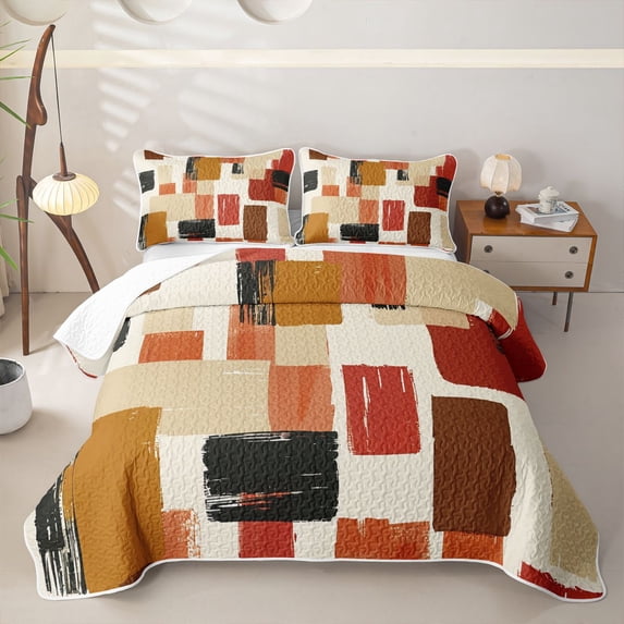 Homewish Retro Abstract Block Twin Quilt Set,Aesthetic Artwork Twin Coverlet Set,Brown,2-Piece