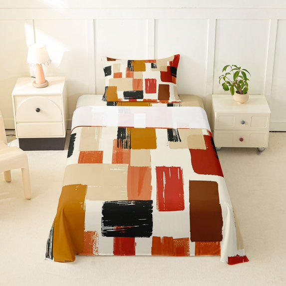 Homewish Retro Abstract Block Twin Sheets,Aesthetic Artwork Bedding,Brown,3pcs,1 Fitted Sheet and 1 Pillowcase