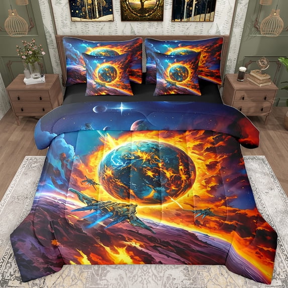 Homewish Retro Aircraft Airplane 7 Pieces Bedding Comforter Set,Galaxy Planet Pattern Full Bedding Set,Universe Theme Fitted Sheet Flat Sheet For Boys Kids,Super Cozy Room Decor Reversible