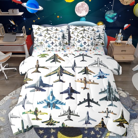 Homewish Retro Aircreaft 7-Piece Twin Bedding Sets,Cartoon Airplane Bedding Comforter Set,Rustic Cmaouflage Print Sheet Sets For Boys Teens,Breathable Home Decor Reversible