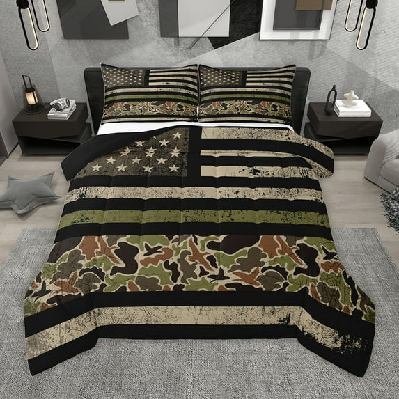 Homewish Retro American FlagBedding Comforter Set,Rustic Camo Twin Comforter Sets,Green Beige Black Bedding Set For Boys Kids,Luxury Bedroom Decor Reversible,2 Pieces
