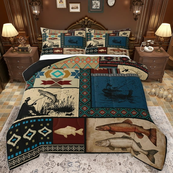 Homewish Retro Aztec Full Size Comforter Sets,Pike Fish Bedding Comforter Set,Rustic Farmhouse Cabin Bedding Sets For Boys Teens,Microfiber Bedroom Decor Reversible,3pcs