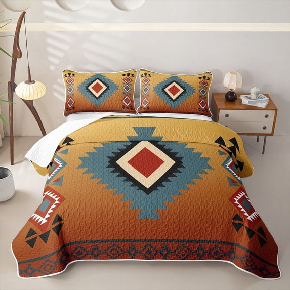 Homewish Retro Aztec Geometric Twin Quilt Set,Vintage Boho Rhombus Twin Coverlet Set,Yellow Orange,2pcs