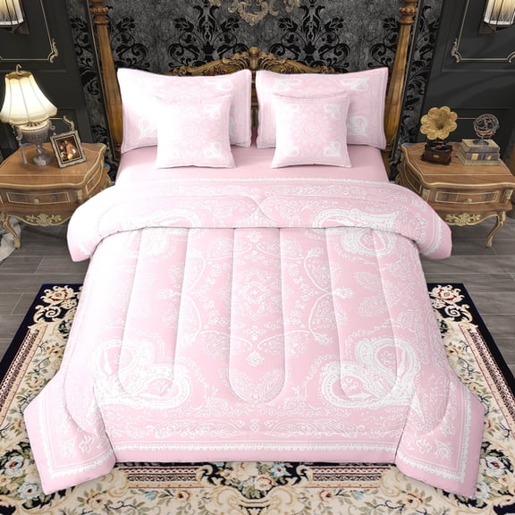 Homewish Retro Baroque Floral 7-Piece Twin Bedding Sets,Bohemain Theme Bedding Comforter Set,Pink White Sheet Sets For Girls,Ultra Soft Bedroom Decoration Reversible