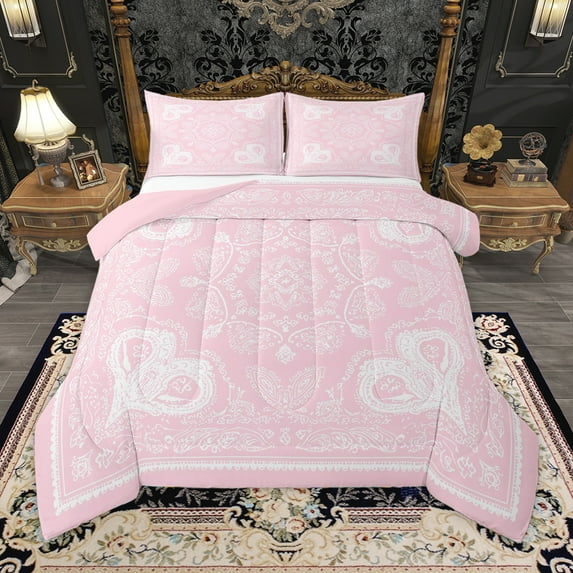 Homewish Retro Baroque Floral Bedding Comforter Set,Bohemain Theme Twin Comforter Sets,Pink White Bedding Set For Girls,Ultra Soft Bedroom Decoration Reversible,2-Piece