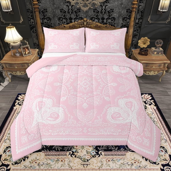 Homewish Retro Baroque Floral Bedding Comforter Set,Bohemain Theme Twin Comforter Sets,Pink White Bedding Set For Girls,Ultra Soft Bedroom Decoration Reversible,2-Piece