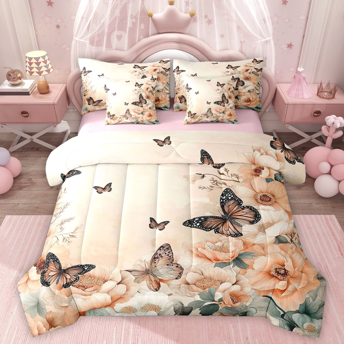 Homewish Retro Bohemain Butterfly 7 Pieces Bedding Comforter Set,Rustic Flower Floral Full Bedding Set,Orange Brown Fitted Sheet Flat Sheet For Kids,Luxury Bedroom Decor Reversible