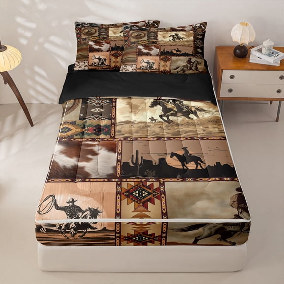Homewish Retro Bohemian Aztec Geometric Zipper Twin Comforter Sets with Fitted Sheet and 2 Pillowcases,Western Cowboy Rustic Cowhide Zipper Bedding Set For Men,Black Reversible,4 Pieces