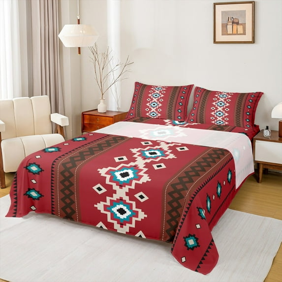 Homewish Retro Boho Aztec Twin Sheet Sets,Vintage Striped Rhombus Twin Fitted Sheet,Red Cyan Beige Flat Sheet For Adults,Super Cozy Room Decor,3pcs