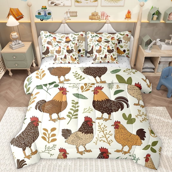 Homewish Retro Boho Chicken 7 Pieces Bedding Comforter Set,Rustic Farmhouse Cabin Full Bedding Set,Beige Brown Fitted Sheet Flat Sheet For Teens,Luxury Bedroom Decor