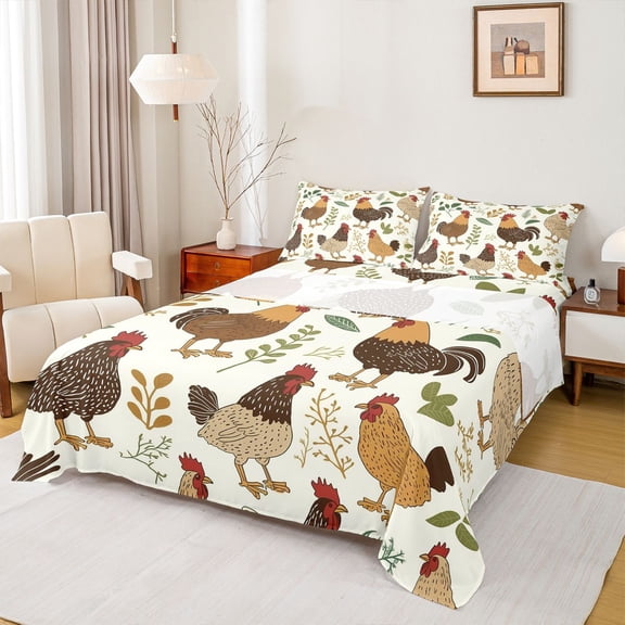 Homewish Retro Boho Chicken Bed Sheets,Rustic Farmhouse Cabin King Sheets,Beige Brown Sheet Set For Teens,Luxury Bedroom Decor,4-Piece
