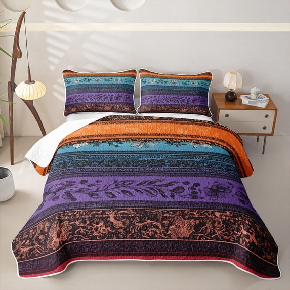 Homewish Retro Boho Flowers Quilt Full,Bohemian Exotic Style Full Bedspread Sets,Orange,3pcs
