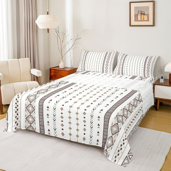 Homewish Retro Boho Geometric Bed Sheets,Vintage Bohemian Aztec King Sheets,White Brown Sheet Set For Adults,Luxury Bedroom Decor,4 Pieces