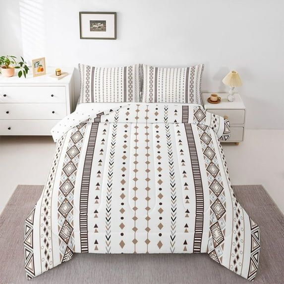Homewish Retro Boho Geometric Bedding Comforter Set,Vintage Bohemian Aztec Twin Comforter Sets,White Brown Bedding Set For Adults,Luxury Bedroom Decor Reversible,2 Pieces
