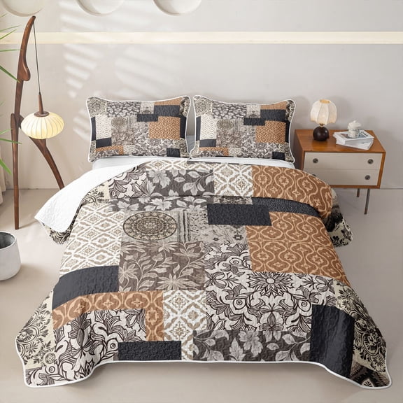 Homewish Retro Boho Mandala Twin Quilt Set,Patchwork Geometric Twin Coverlet Set,Brown Gray,2pcs