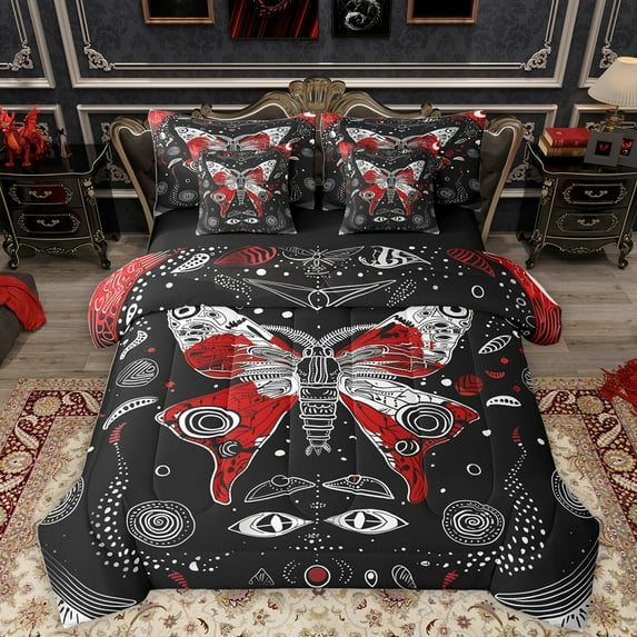 Homewish Retro Boho Moth 7 Pieces Bedding Comforter Set,Gothic Style Full Bedding Set,Red White Black Fitted Sheet Flat Sheet For Girls Boys,Luxury Bedroom Decor Reversible