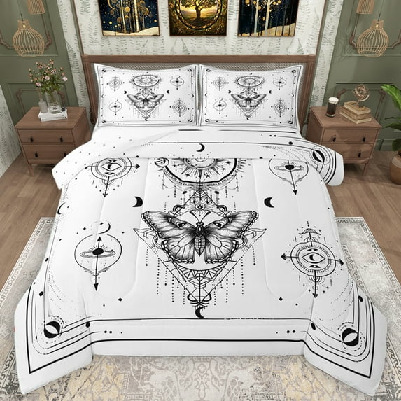 Homewish Retro Boho Moth Full Size Comforter Sets,Bohemain Style Bedding Comforter Set,Gothic Moon Print Bedding Sets For Girls Kids,Ultra Soft Home Decor Reversible,3-Piece