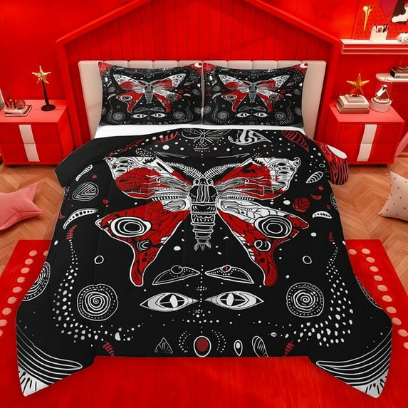 Homewish Retro Boho Moth Queen Comforter Set,Gothic Style Bedding Sets,Red White Black Bedding Comforter Set For Girls Boys,Luxury Bedroom Decor Reversible,3-Piece