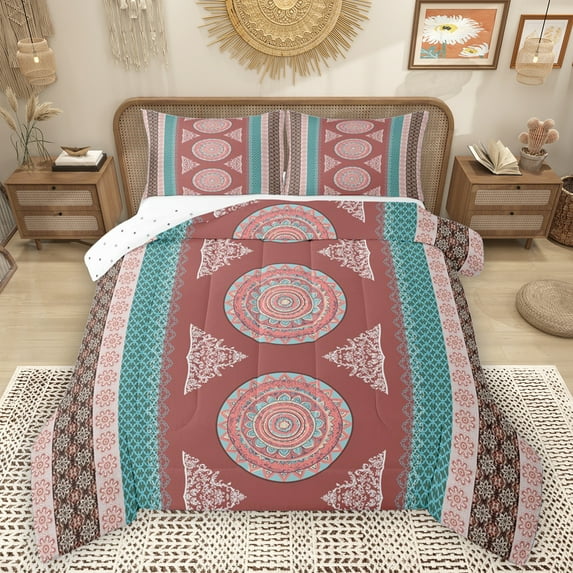 Homewish Retro Boho Print Full Size Comforter Sets,Rustic Bohemia Tribal Bedding Comforter Set,Pink Cyan Bedding Sets For Men Women,Luxury Bedroom Decor Reversible,3 Pieces
