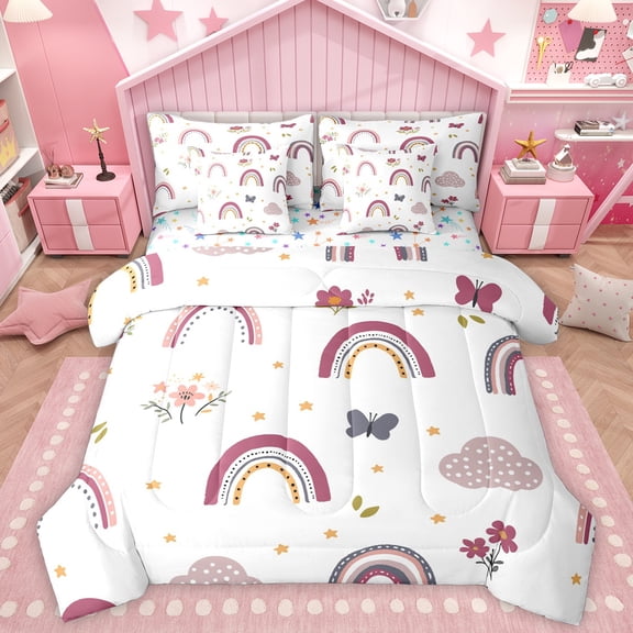 Homewish Retro Boho Rainbow 7-Piece Twin Bedding Sets,Cute Flower Floral Bedding Comforter Set,Brown Stars Pattern Sheet Sets For Girls,Super Cozy Room Decor Reversible