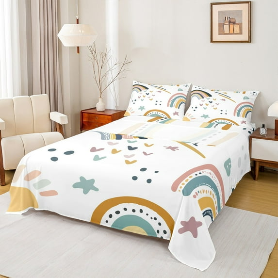 Homewish Retro Boho Rainbow Queen Sheet Sets,Colorful Stars Print Flat Sheet,Girls Cartoon Print Queen Fitted Sheet For Kids,Breathable Home Decor,4 Pieces