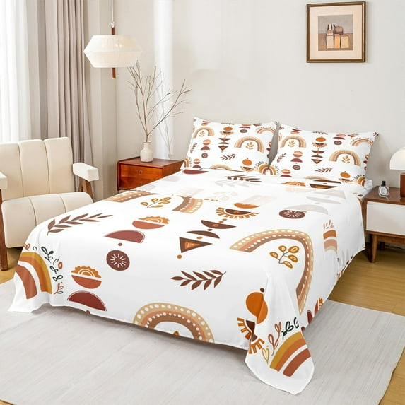 Homewish Retro Boho Rainbow Twin Sheet Sets,Bohemian Theme Twin Fitted Sheet,Brown White Flat Sheet For Girls,Super Cozy Room Decor,3pcs