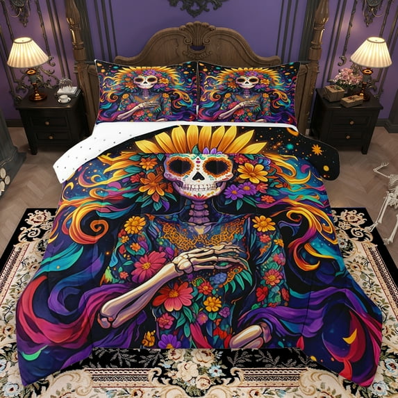 Homewish Retro Boho Skeleton Bedding Comforter Set,Vitage Bohemian Flower Twin Comforter Sets,Colorful Floral Bedding Set For Men Women,Super Cozy Room Decor Reversible,2 Pieces