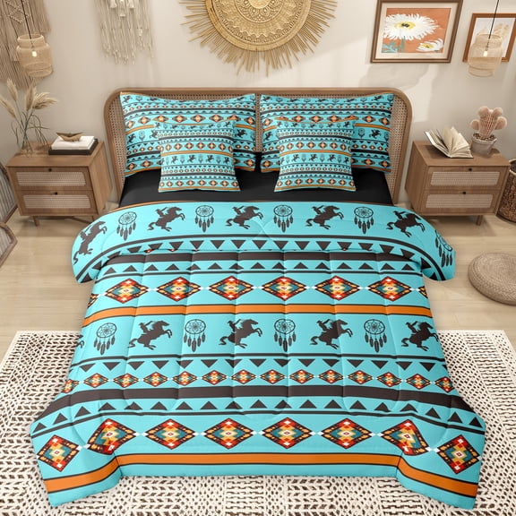 Homewish Retro Boho Tribal 7-Piece Twin Bedding Sets,Rustic Farmhouse Horse Bedding Comforter Set,Cyan Orange Sheet Sets For Boy Kids,Ultra Soft Home Decor Reversible