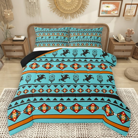 Homewish Retro Boho Tribal Bedding Comforter Set,Rustic Farmhouse Horse Twin Comforter Sets,Cyan Orange Bedding Set For Boy Kids,Ultra Soft Home Decor Reversible,2 Pieces